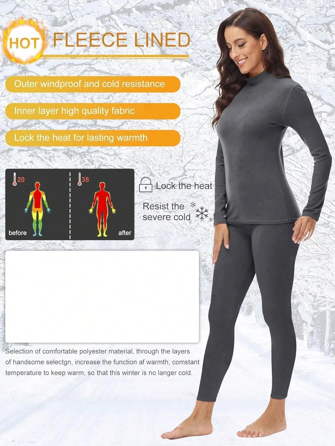Womens Mock Neck Thermal Underwear Winter Long Johns with Fleece Lined Long Sleeves Base Layer Set Top Bottom