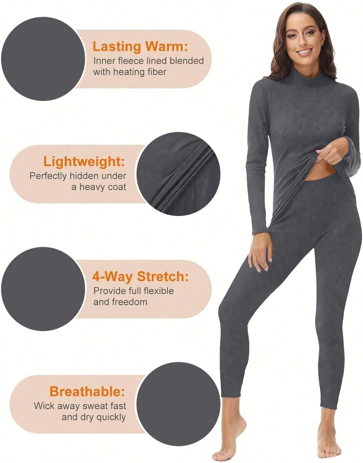 Womens Mock Neck Thermal Underwear Winter Long Johns with Fleece Lined Long Sleeves Base Layer Set Top Bottom