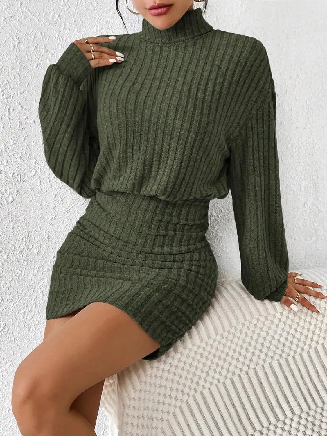 Women's Pullover Sweater Dress Long Lantern Sleeve Turtle Neck Cute Ribbed Knit Bodycon Mini Short Dress 2024 Fall