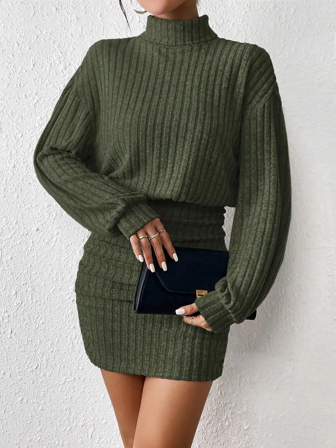 Women's Pullover Sweater Dress Long Lantern Sleeve Turtle Neck Cute Ribbed Knit Bodycon Mini Short Dress 2024 Fall