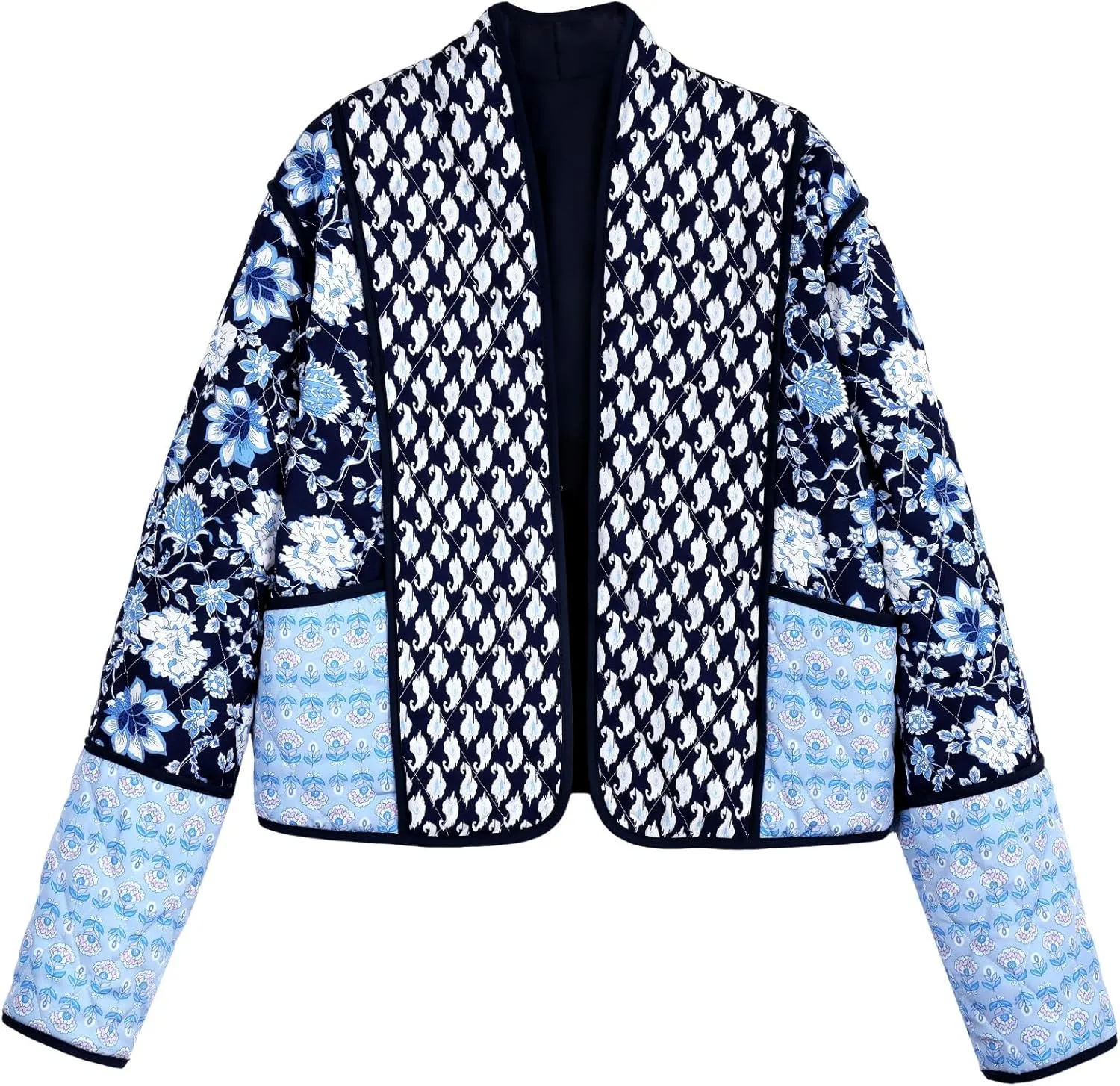 Wyeysyt Women's Cropped Puffer Quilted Jacket Cardigan Floral Printed Lightweight Long Sleeve Open Front Short Padded Coats