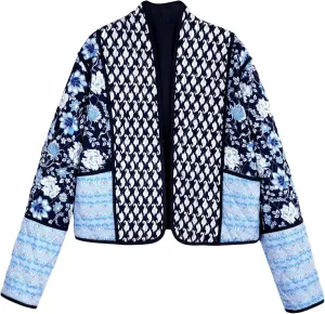 Wyeysyt Women's Cropped Puffer Quilted Jacket Cardigan Floral Printed Lightweight Long Sleeve Open Front Short Padded Coats