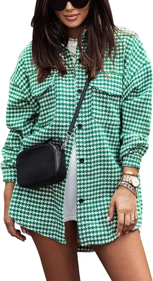 Yimoon Plaid Jacket Women Casual Houndstooth Jacket Flannel Shacket Loose Long Sleeve Shirt Button Down Shacket with Pockets