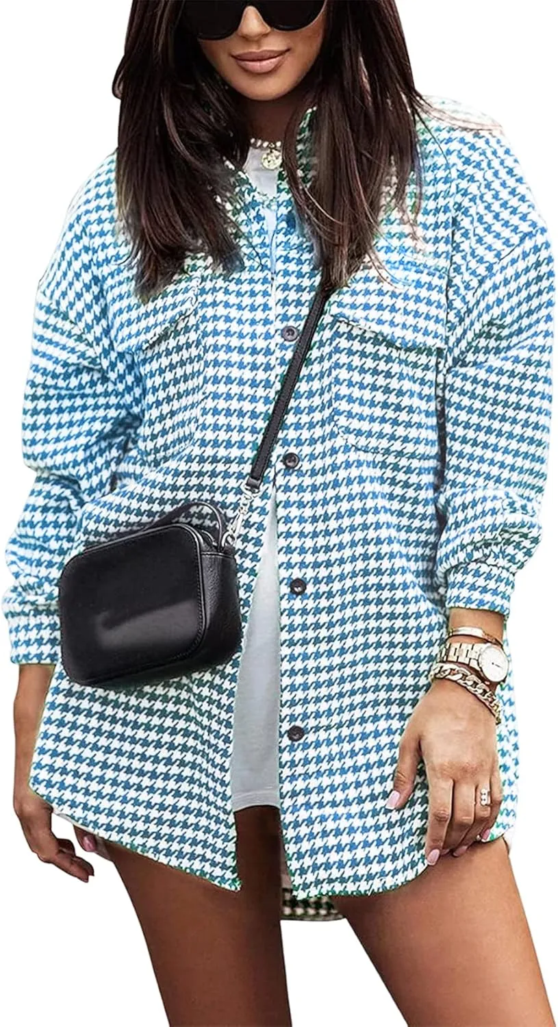 Yimoon Plaid Jacket Women Casual Houndstooth Jacket Flannel Shacket Loose Long Sleeve Shirt Button Down Shacket with Pockets