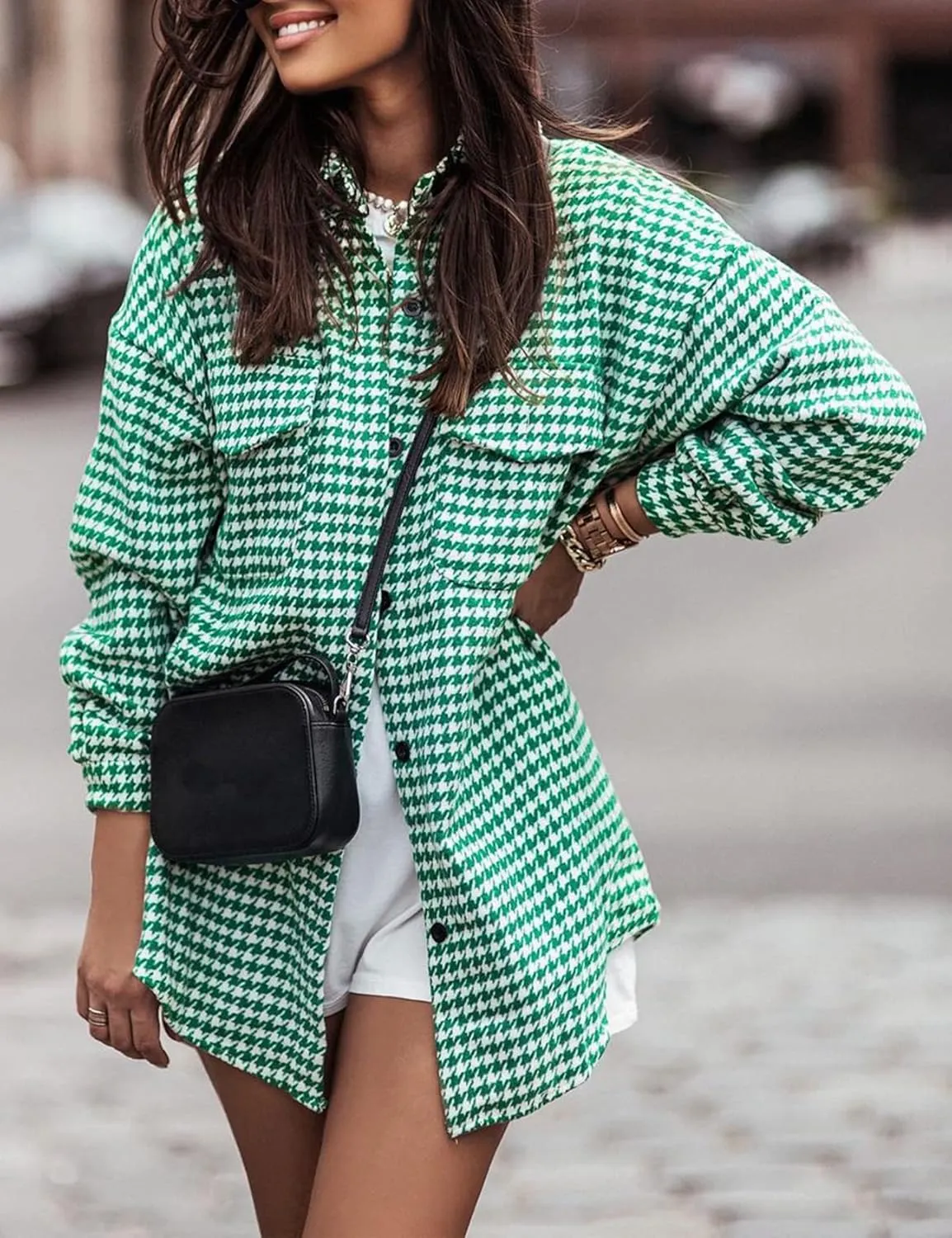 Yimoon Plaid Jacket Women Casual Houndstooth Jacket Flannel Shacket Loose Long Sleeve Shirt Button Down Shacket with Pockets