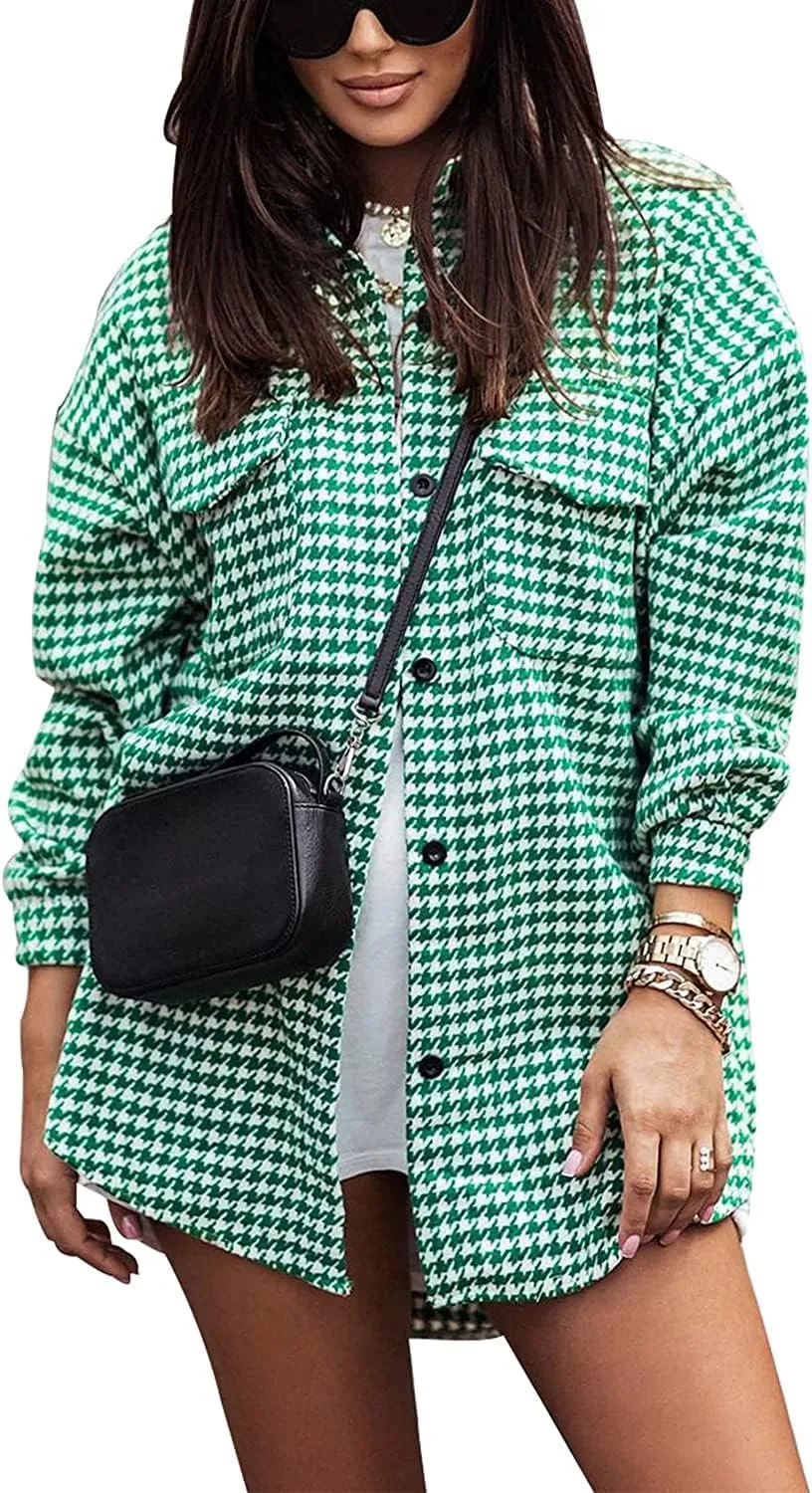 Yimoon Plaid Jacket Women Casual Houndstooth Jacket Flannel Shacket Loose Long Sleeve Shirt Button Down Shacket with Pockets