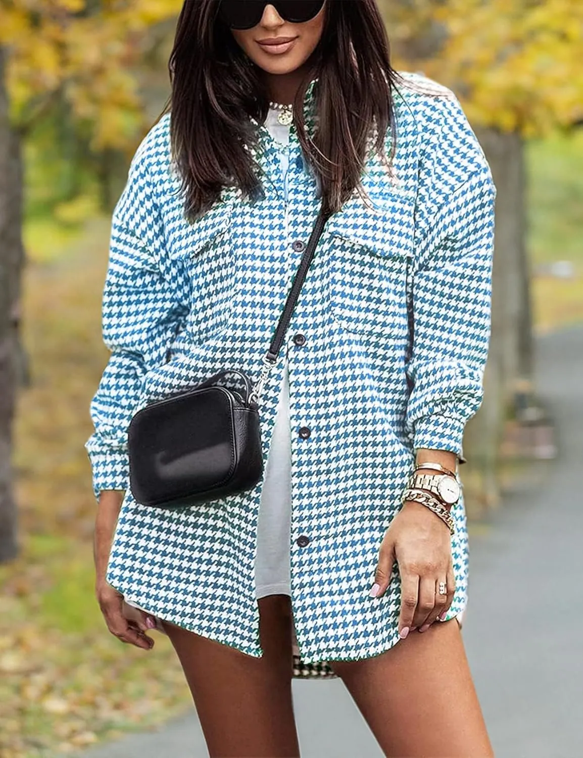 Yimoon Plaid Jacket Women Casual Houndstooth Jacket Flannel Shacket Loose Long Sleeve Shirt Button Down Shacket with Pockets